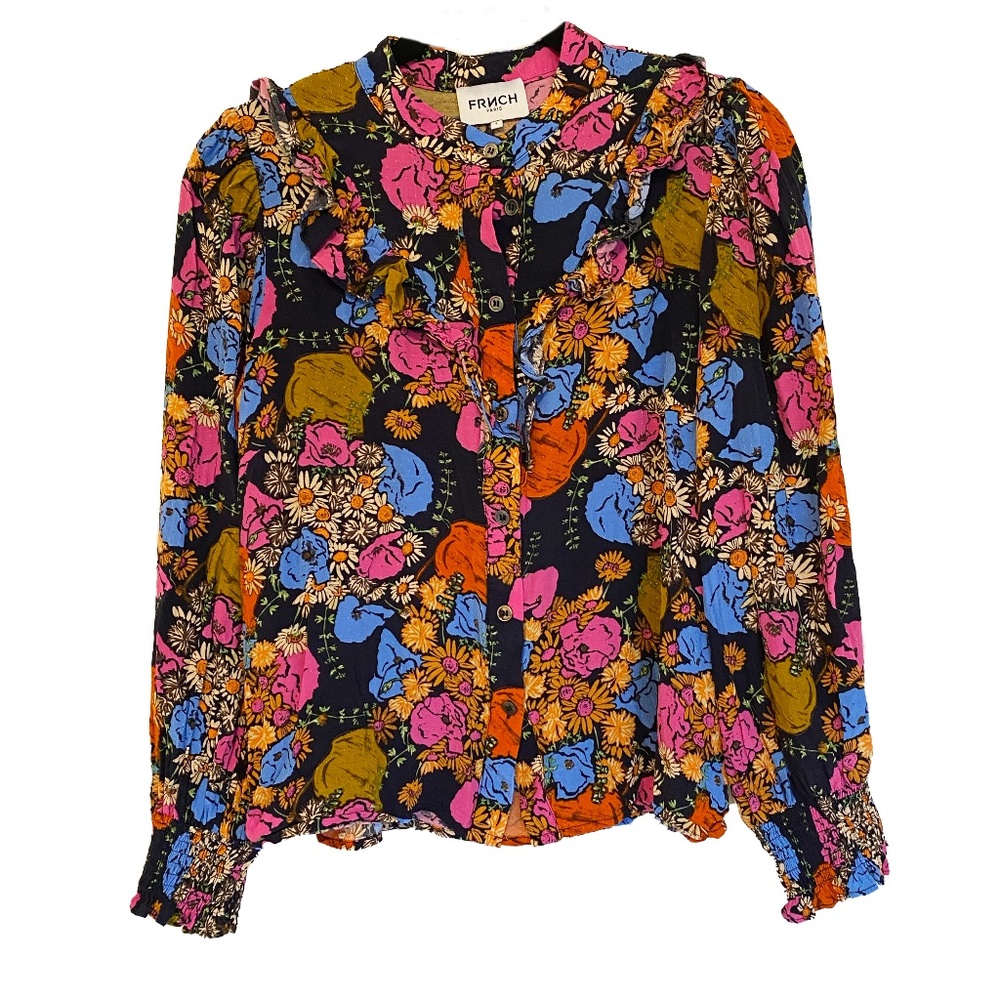FRNCH Paris Floral Print Smocked Blouse Top Size S Romantic Cottagecore